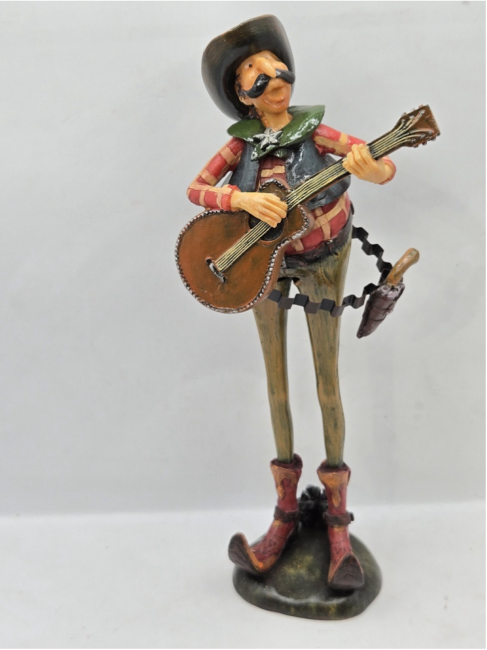 Western Cowboy Figurine With Guitar Statue Rustic Music Decor Resin& Metal 11"